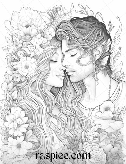 50 Romantic Couple Flowers Grayscale Coloring Pages Printable for Adults, PDF File Instant Download