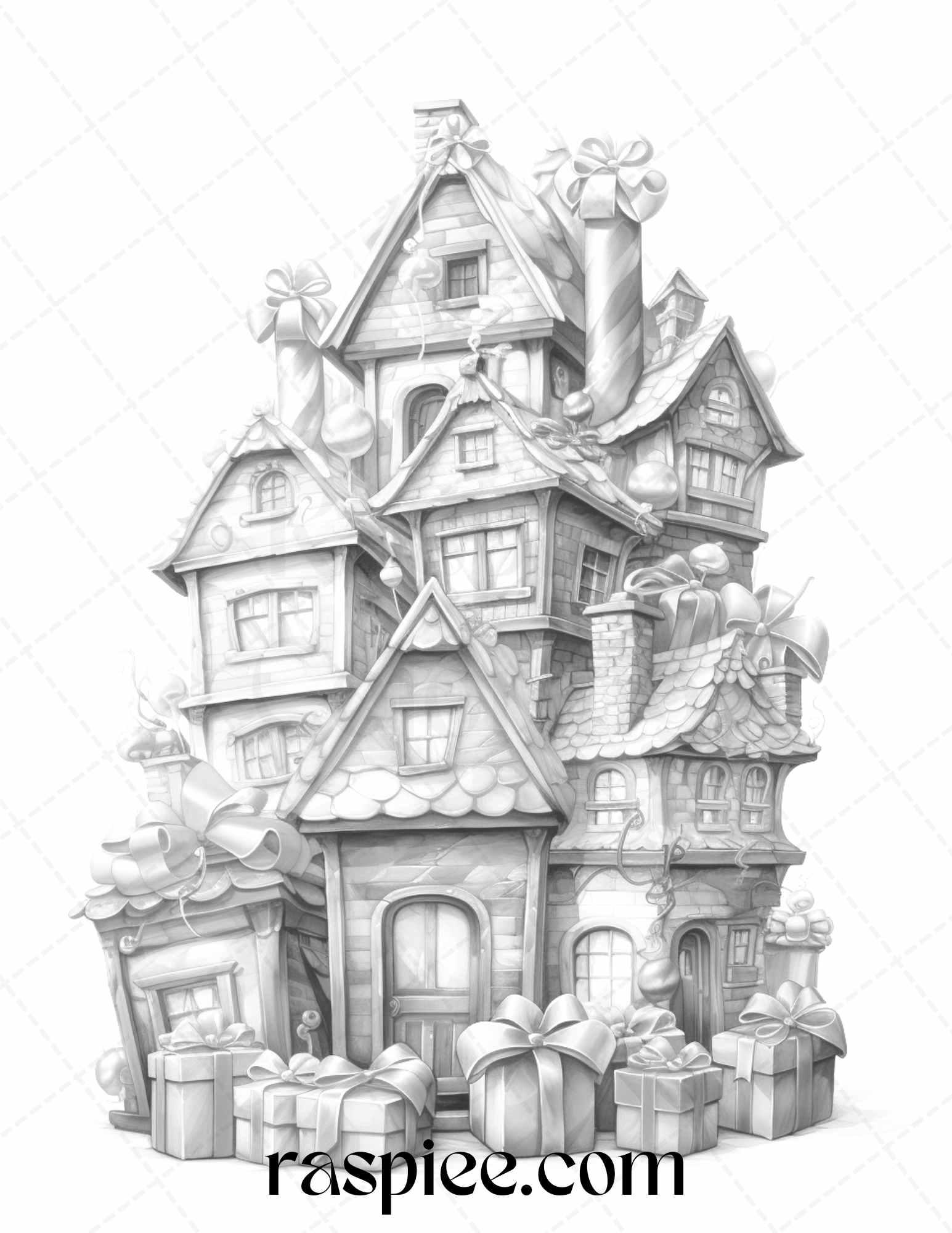 40 Adorable Gift Box Houses Grayscale Coloring Pages Printable for Adults Kids, PDF File Instant Download