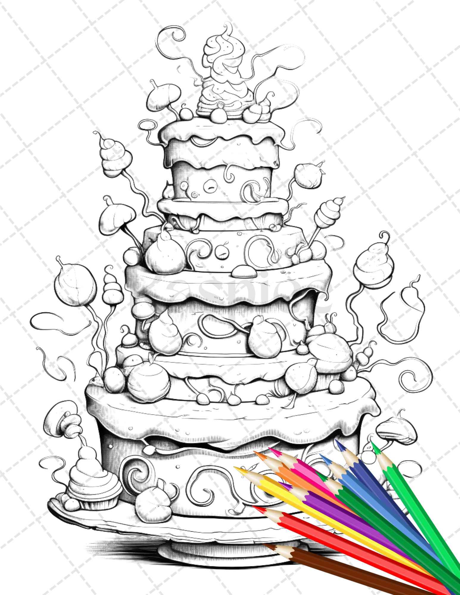 38 Whimsical Cakes Grayscale Coloring Pages for Adults, PDF File Instant Download