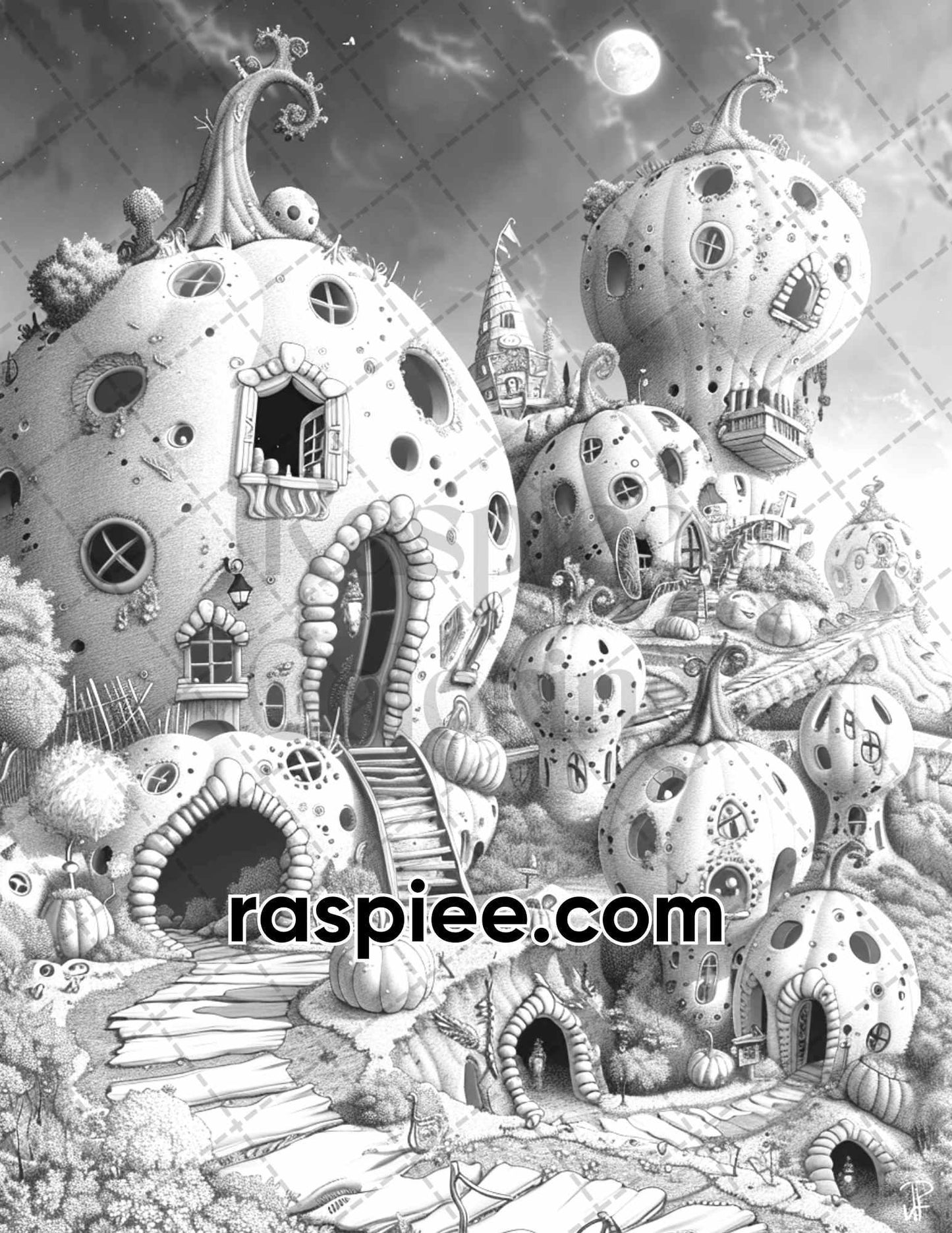 65 Fantasy Pumpkin Village Grayscale Adult Coloring Pages, Printable PDF Instant Download