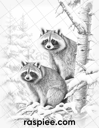 55 Winter Wildlife Grayscale Coloring Pages for Adults, Printable PDF Instant Download