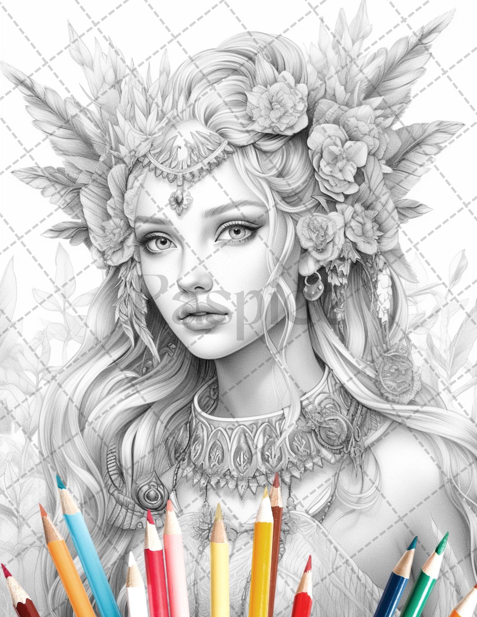 35 Beautiful Printable Elf Girls Coloring Book for Adults, Grayscale Coloring Page, PDF File Instant Download