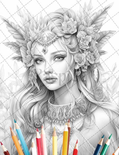 35 Beautiful Printable Elf Girls Coloring Book for Adults, Grayscale Coloring Page, PDF File Instant Download