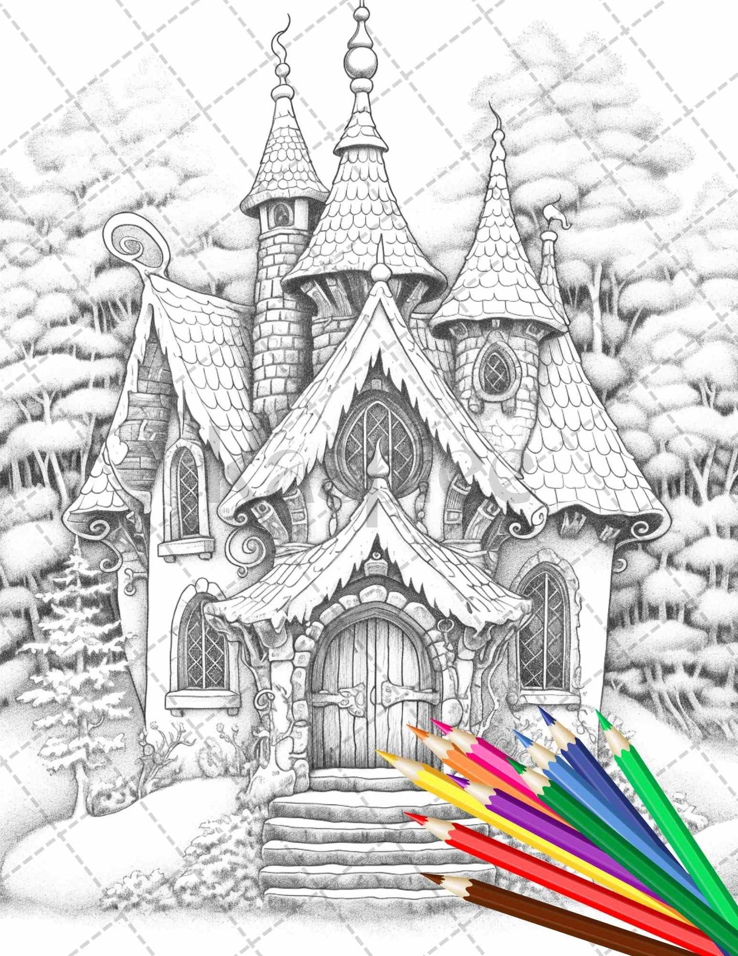 63 Winter Fairy Houses Grayscale Coloring Pages Printable for Adults, PDF File Instant Download
