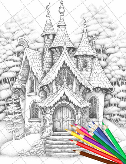 63 Winter Fairy Houses Grayscale Coloring Pages Printable for Adults, PDF File Instant Download