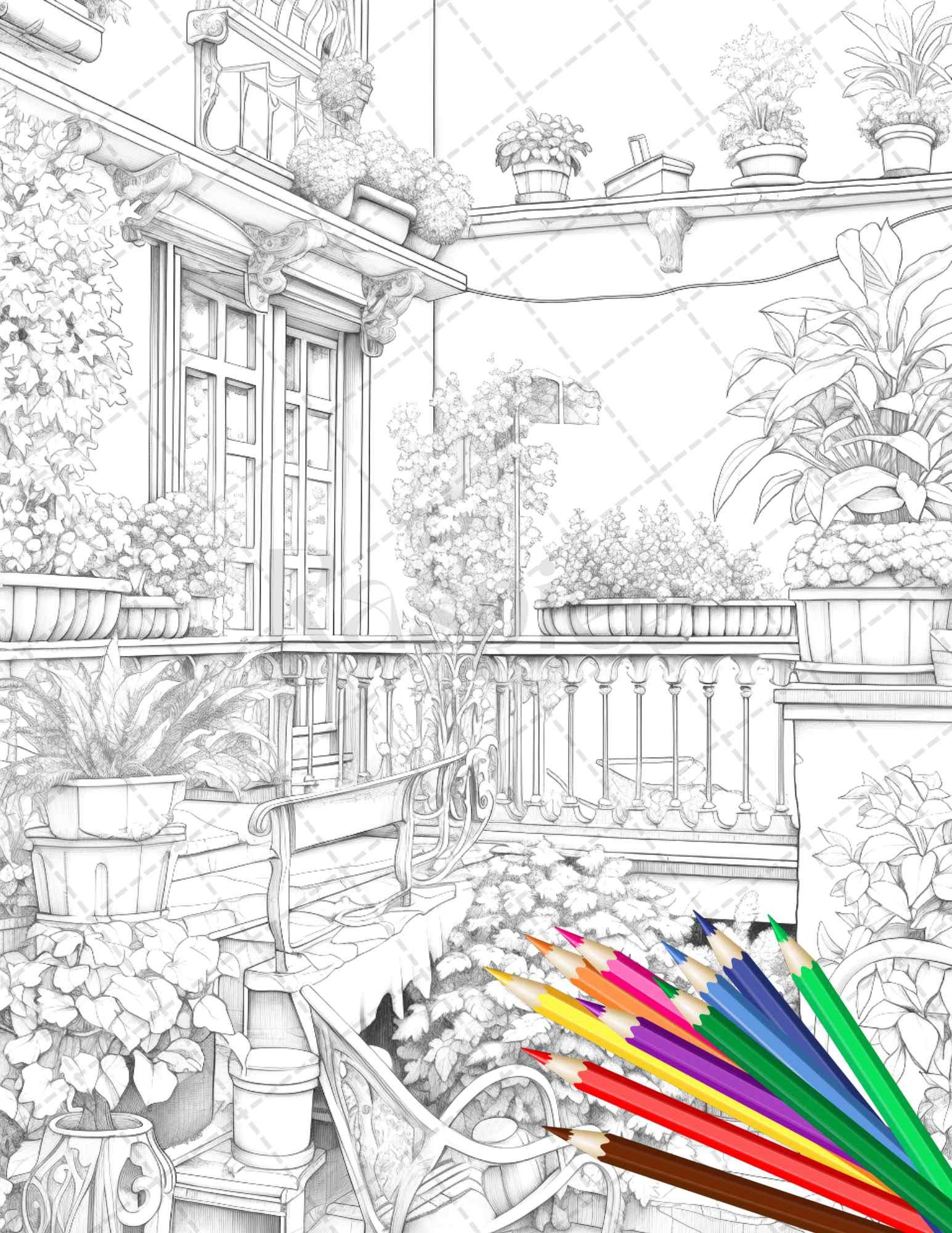 Charming Balcony Garden Grayscale Coloring Pages Printable for Adults, PDF File Instant Download