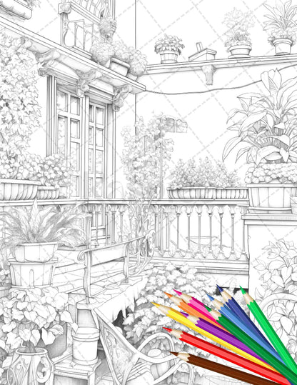 Charming Balcony Garden Grayscale Coloring Pages Printable for Adults, PDF File Instant Download
