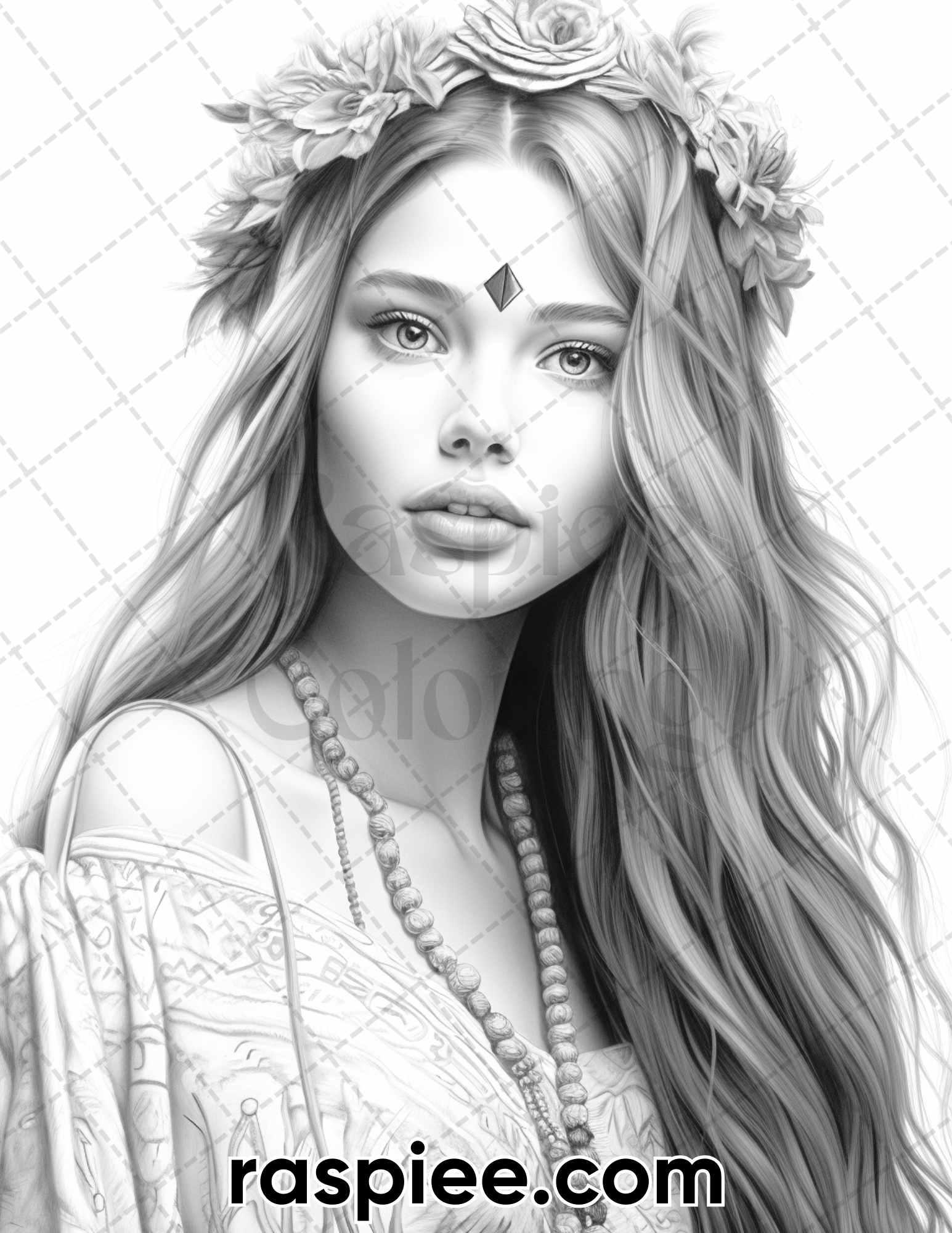 60 Bohemian Beauties Grayscale Coloring Pages for Adults, Printable PDF Instant Download