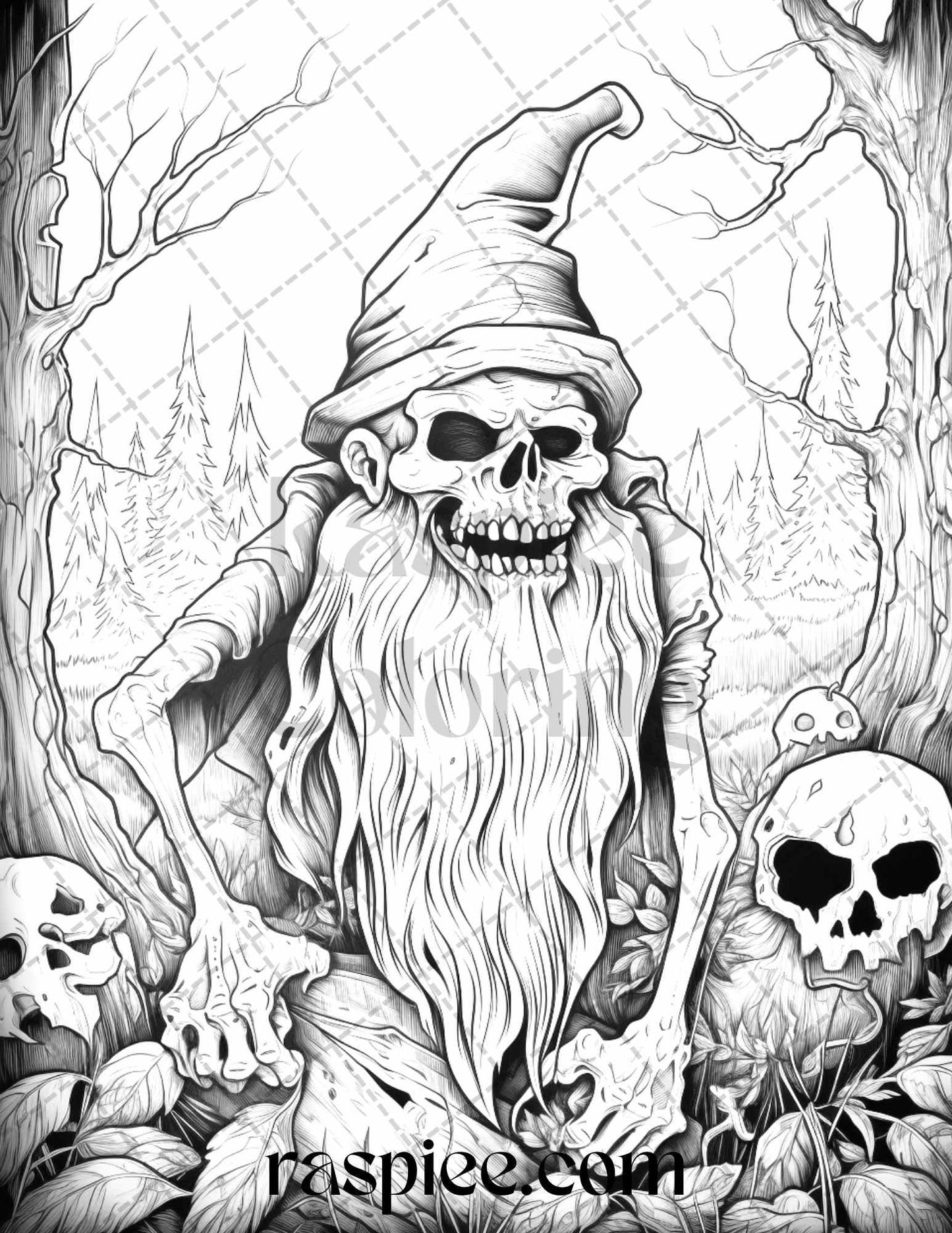 50 Horror Zombie Gnomes Grayscale Coloring Pages Printable for Adults, PDF File Instant Download