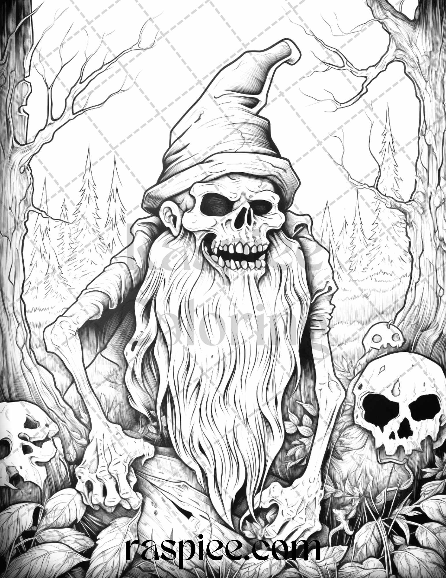 50 Horror Zombie Gnomes Grayscale Coloring Pages Printable for Adults, PDF File Instant Download