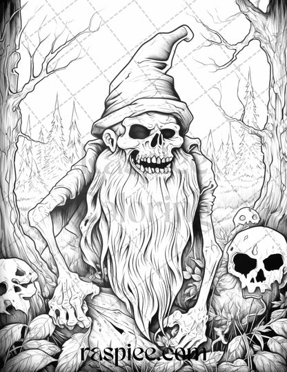 50 Horror Zombie Gnomes Grayscale Coloring Pages Printable for Adults, PDF File Instant Download