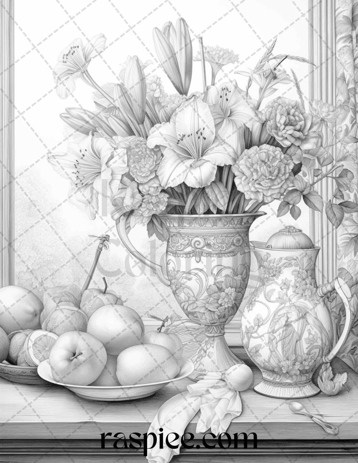 52 Still Life Grayscale Coloring Pages Printable for Adults, PDF File Instant Download