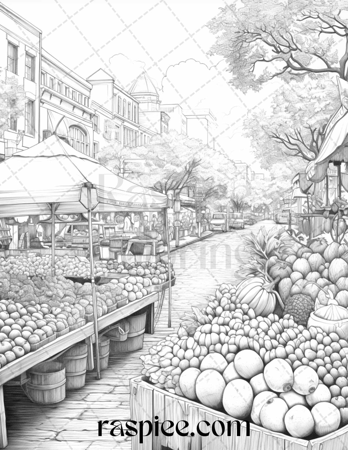 Autumn Street Markets Grayscale Coloring Pages for Adults, Printable PDF File Instant Download
