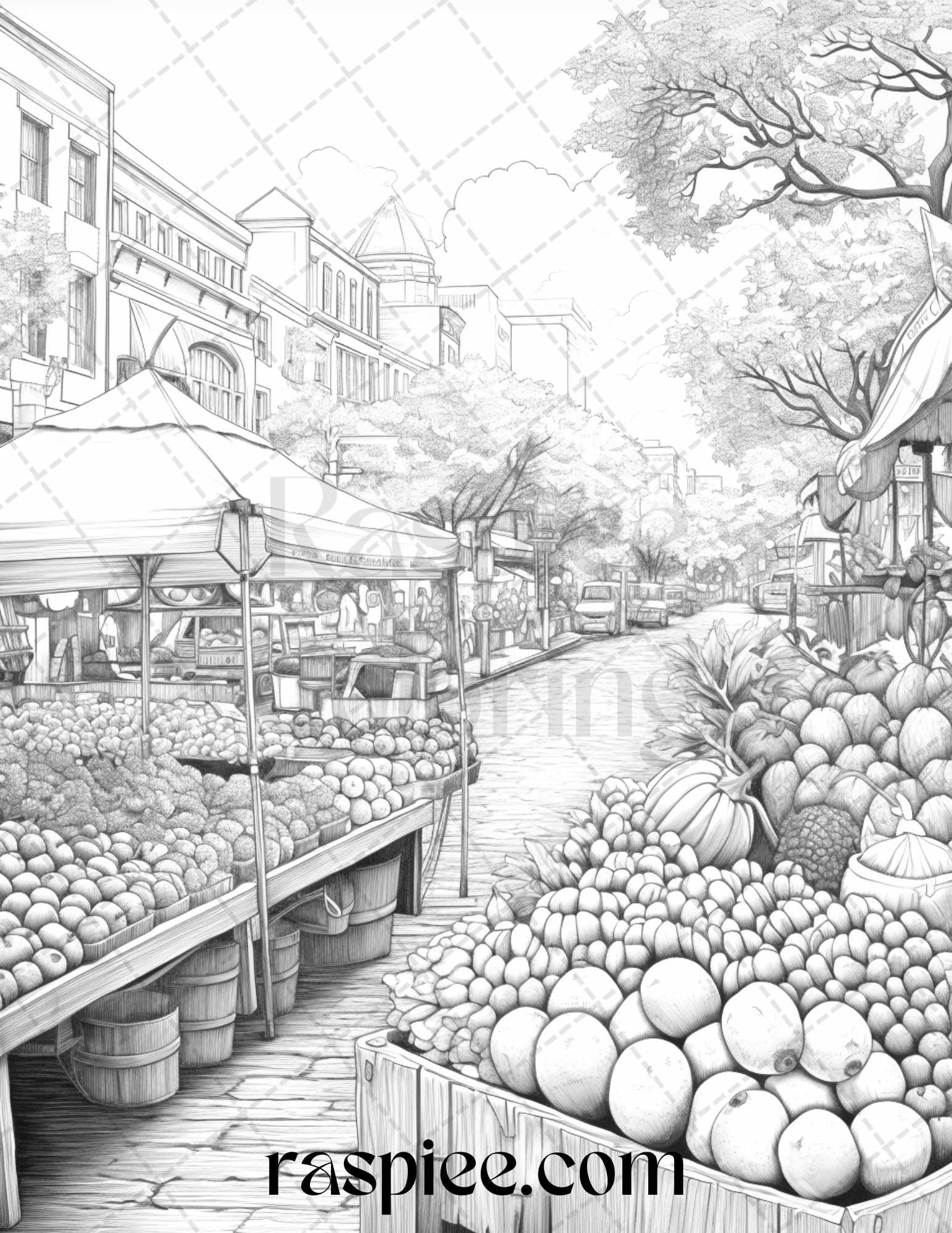 Autumn Street Markets Grayscale Coloring Pages for Adults, Printable PDF File Instant Download