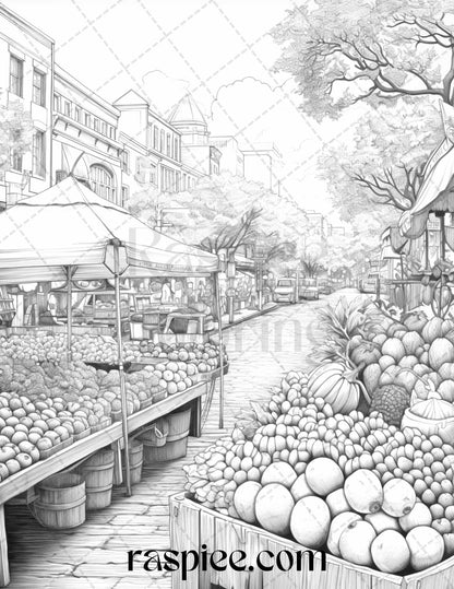 Autumn Street Markets Grayscale Coloring Pages for Adults, Printable PDF File Instant Download
