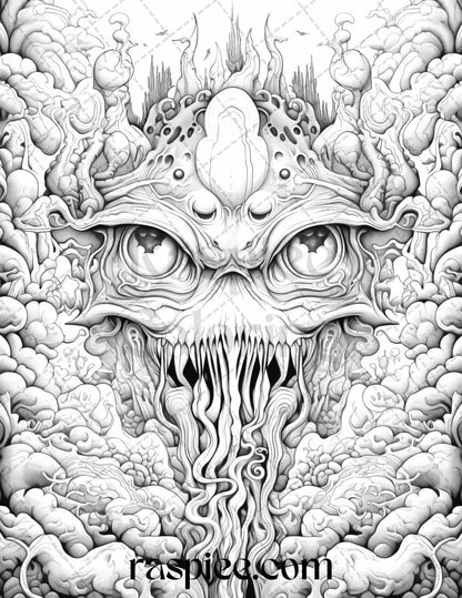 53 Surreal Creatures Grayscale Coloring Pages for Adults, Printable PDF File Instant Download