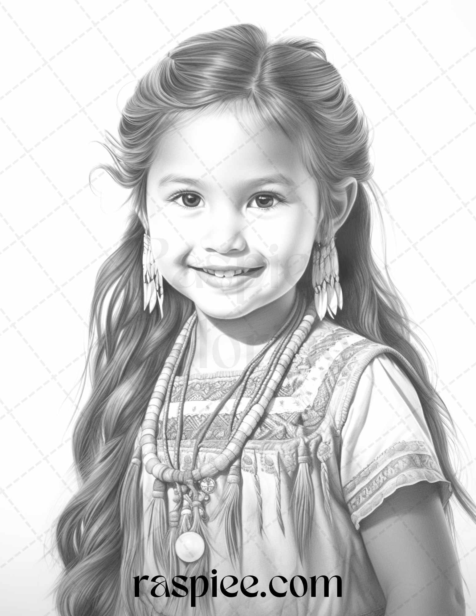 50 Native American Little Girls Boys Grayscale Coloring Pages Printable for Adults Kids, PDF File Instant Download