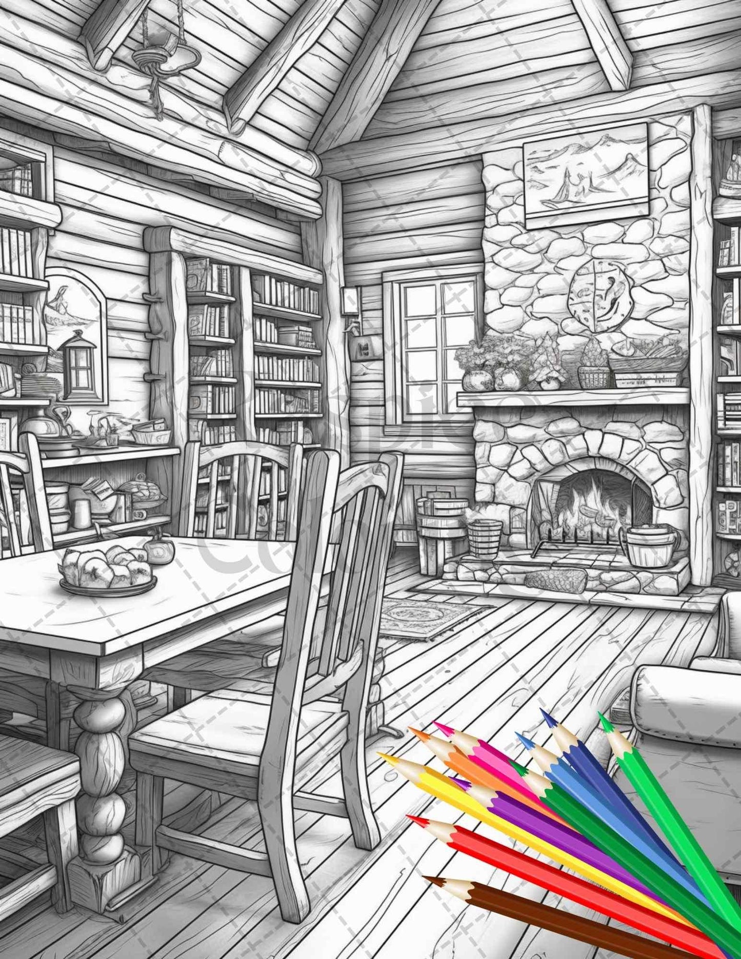 Cozy Cabin Interior Grayscale Coloring Pages Printable for Adults, PDF File Instant Download