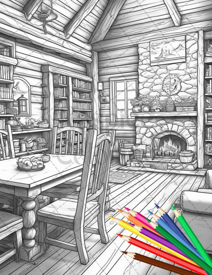 Cozy Cabin Interior Grayscale Coloring Pages Printable for Adults, PDF File Instant Download