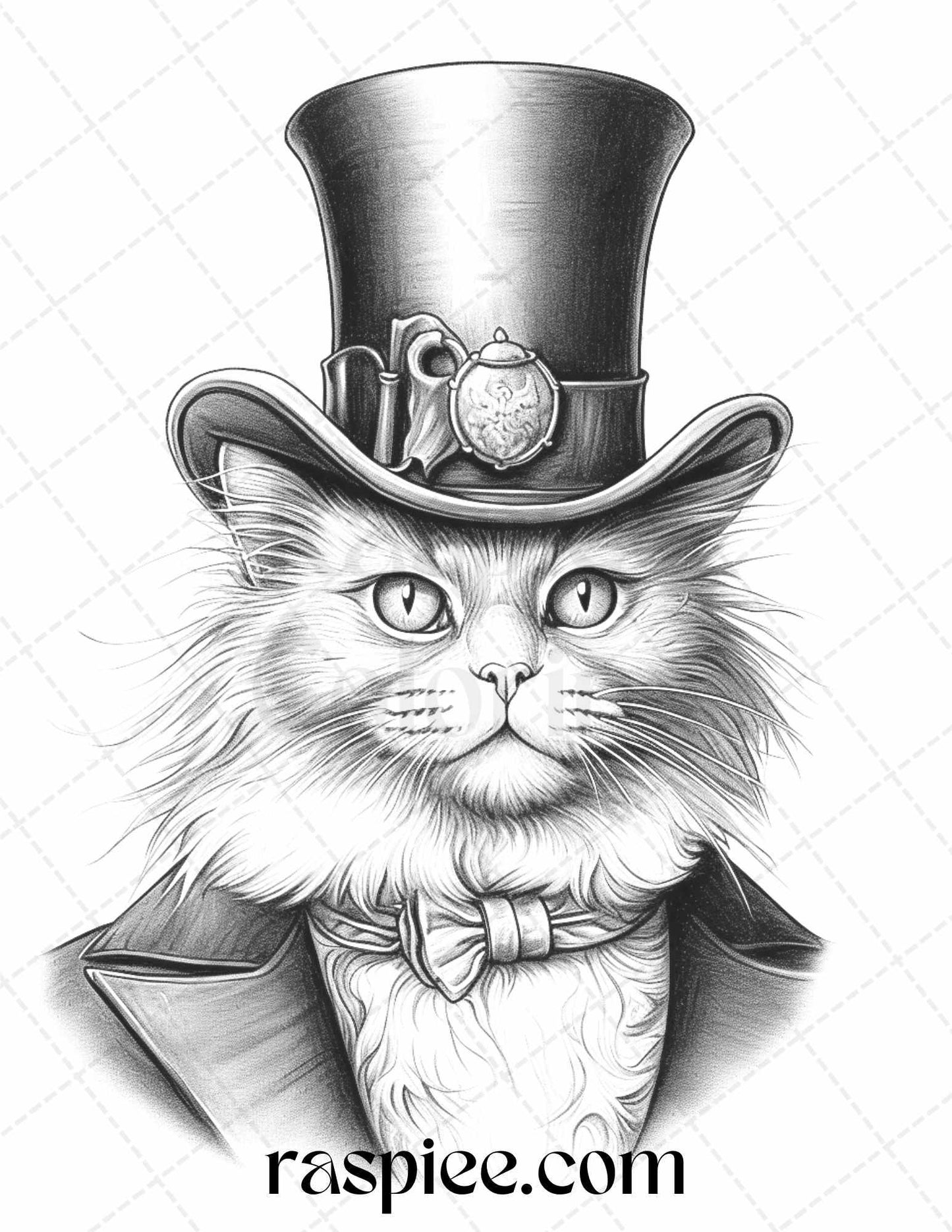 Gentleman Cat Grayscale Coloring Pages Printable for Adults Kids, PDF File Instant Download