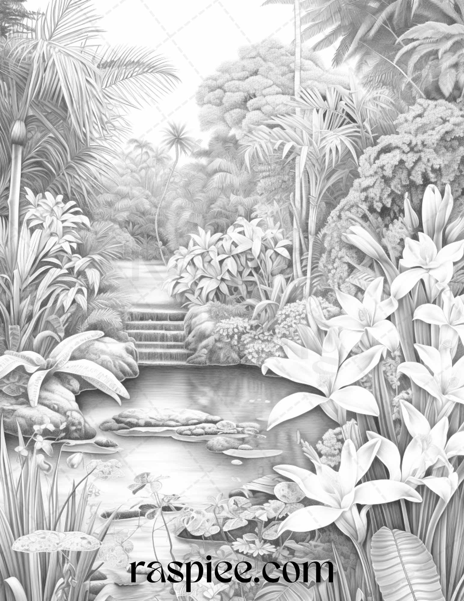 52 Tropical Oasis Grayscale Coloring Pages Printable for Adults, PDF File Instant Download