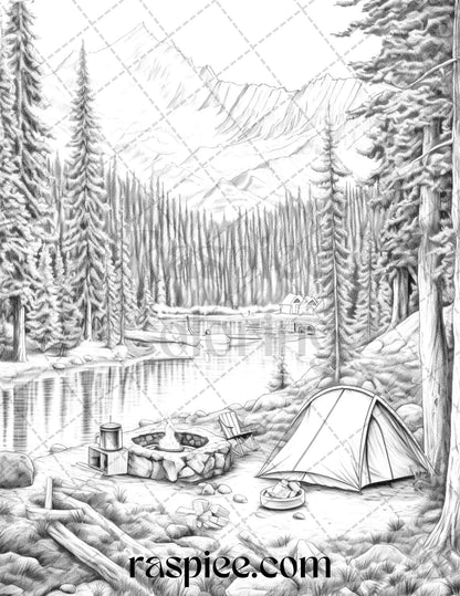 Nature Camping Grayscale Coloring Pages Printable, Relaxing Outdoor Scenes, PDF File Instant Download