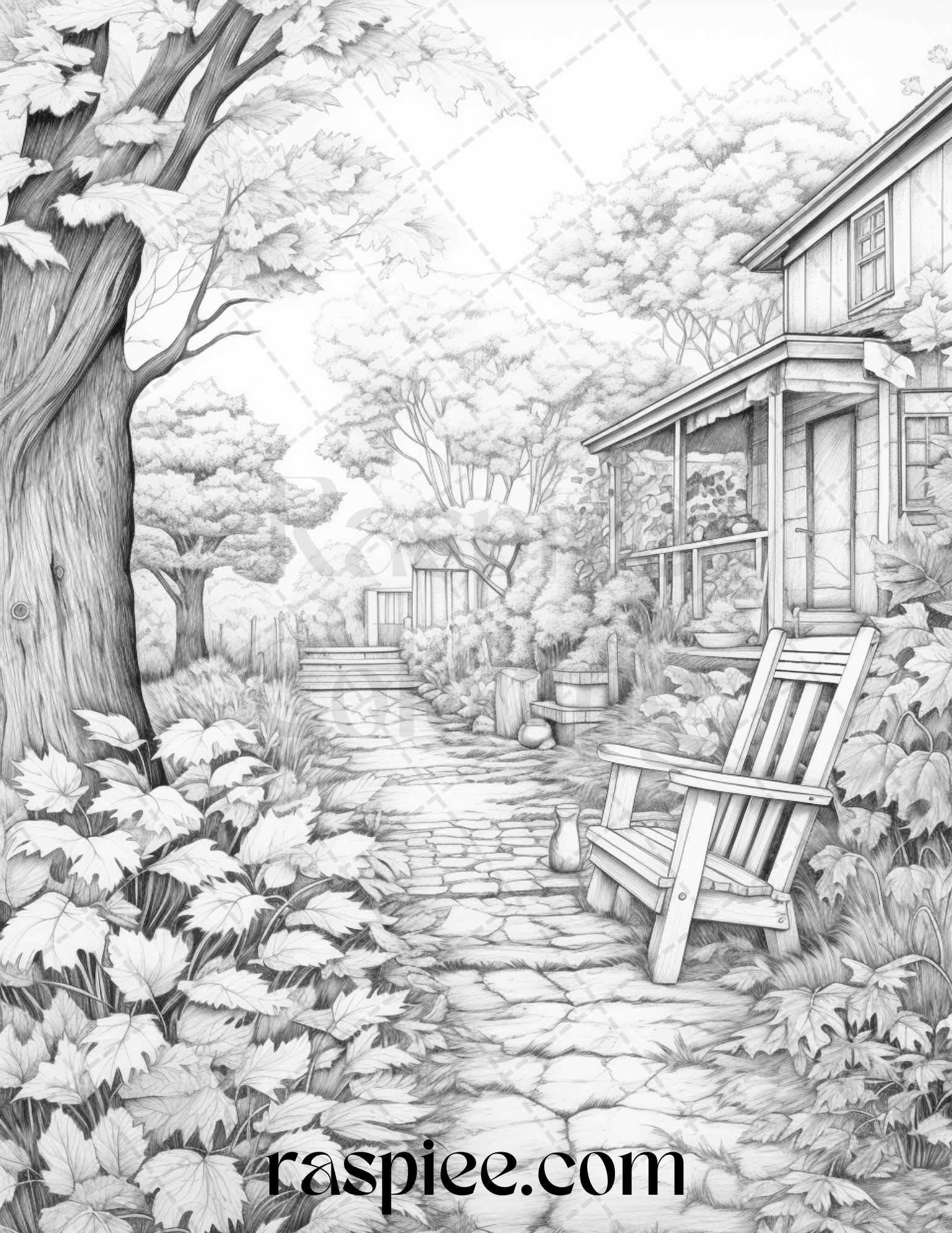 Autumn Scenery Grayscale Coloring Pages Printable for Adults, PDF File Instant Download