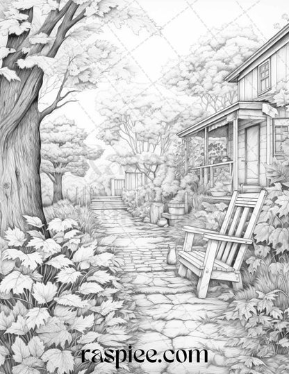 Autumn Scenery Grayscale Coloring Pages Printable for Adults, PDF File Instant Download