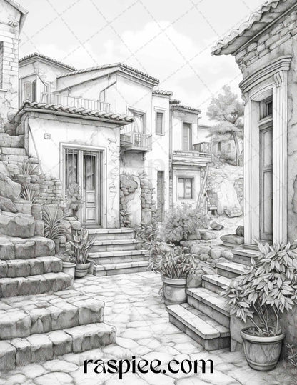 Roman Architecture Grayscale Coloring Pages Printable for Adults, PDF File Instant Download