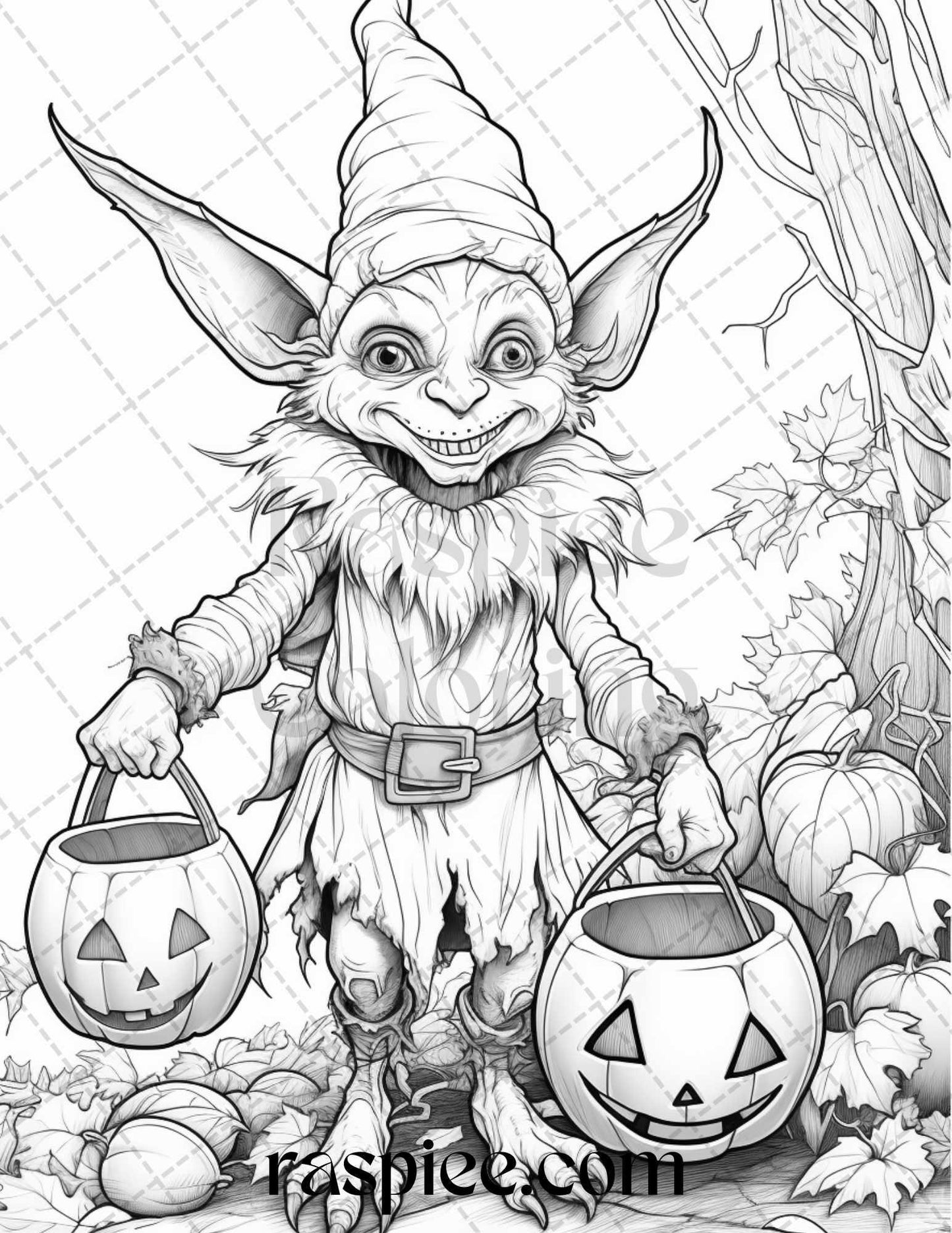 50 Halloween Goblin Grayscale Coloring Pages Printable for Adults, PDF File Instant Download