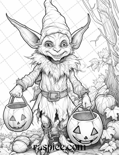 50 Halloween Goblin Grayscale Coloring Pages Printable for Adults, PDF File Instant Download