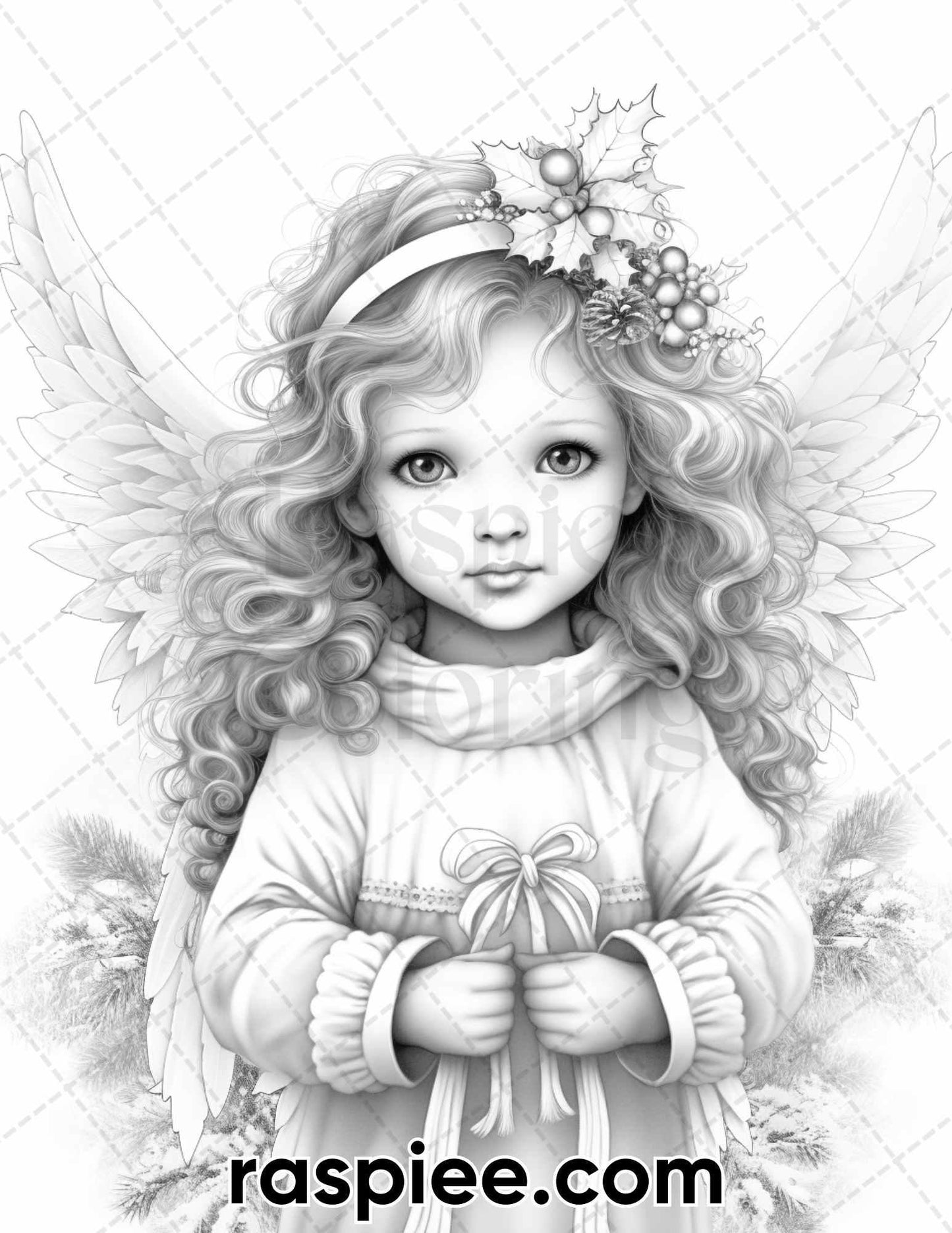 55 Christmas Angel Grayscale Coloring Pages for Adults, Printable PDF Instant Download