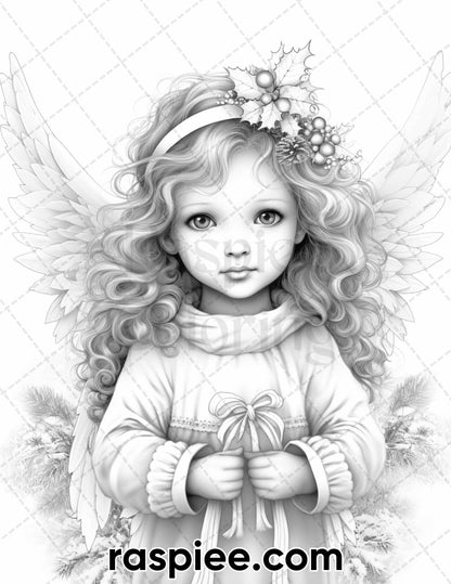 55 Christmas Angel Grayscale Coloring Pages for Adults, Printable PDF Instant Download