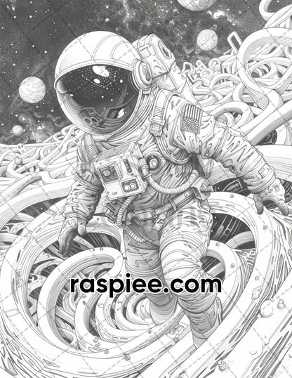 65 Fantasy Astronaut Grayscale Adult Coloring Pages, Printable PDF Instant Download