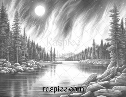 Aurora Borealis Landscape Grayscale Coloring Pages for Adults, Printable PDF File Instant Download