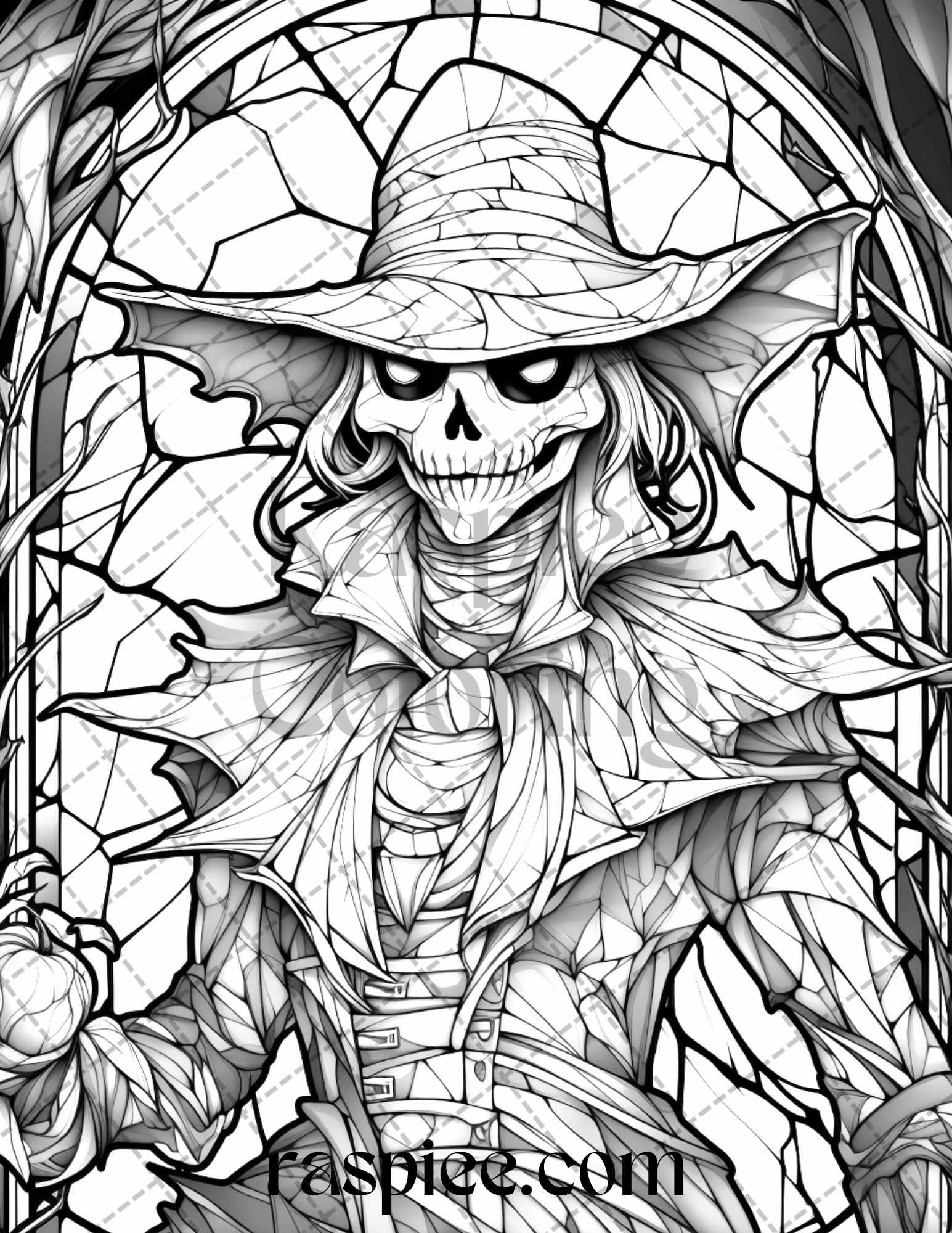 70 Halloween Stained Glass Grayscale Coloring Pages Printable for Adults, PDF File Instant Download
