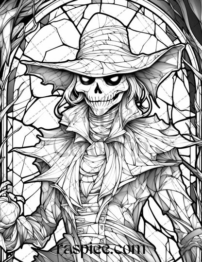 70 Halloween Stained Glass Grayscale Coloring Pages Printable for Adults, PDF File Instant Download