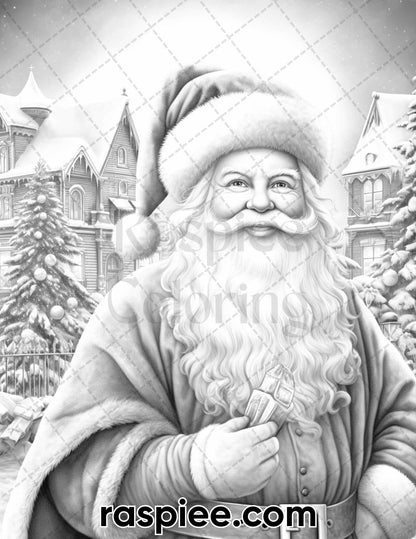 63 Christmas Santa Claus Grayscale Coloring Pages for Adults, Printable PDF Instant Download
