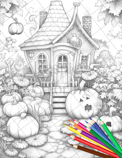 Pumpkin Garden Scenery Grayscale Coloring Pages Printable for Adults, PDF File Instant Download