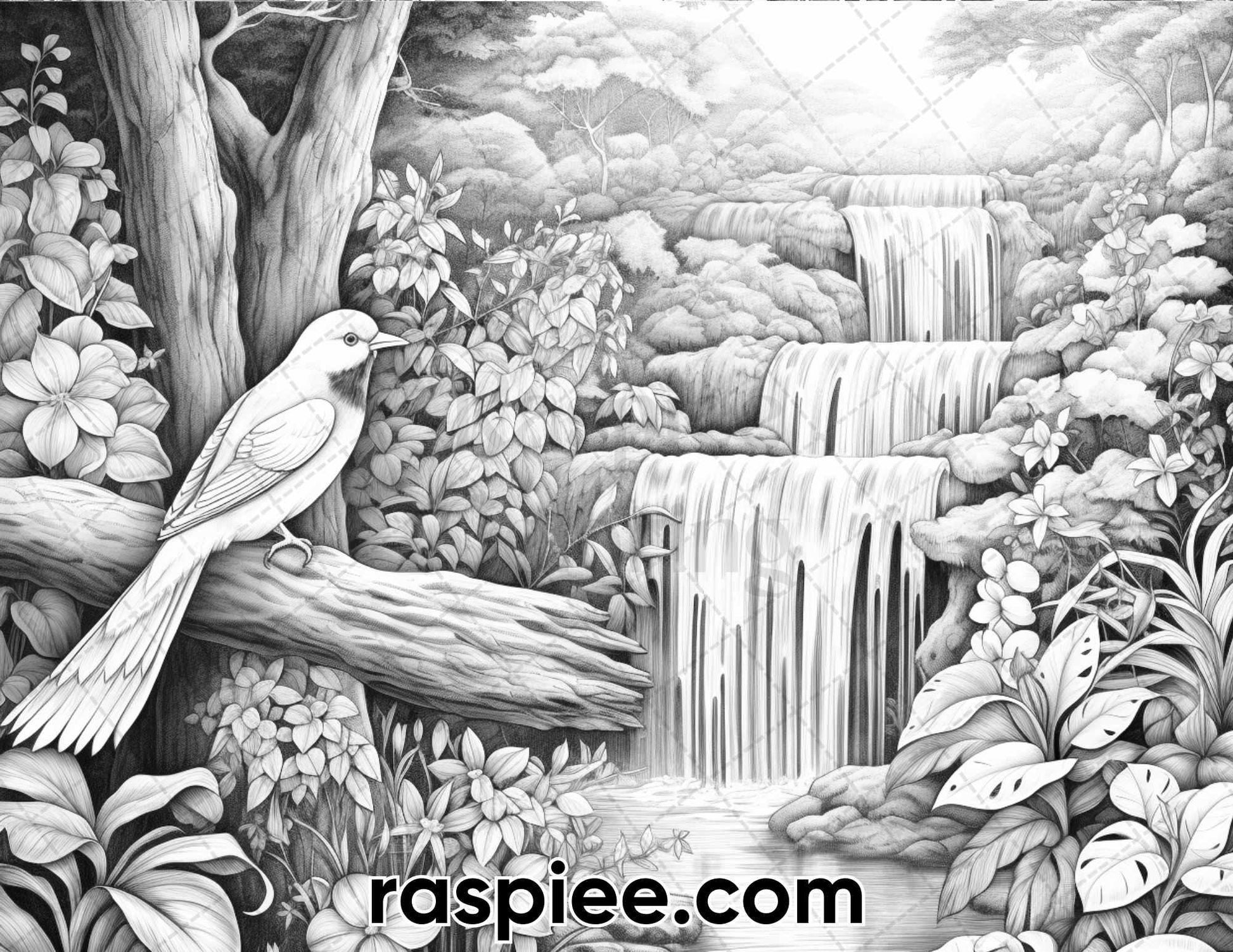 50 Tropical Paradise Grayscale Adult Coloring Pages, Printable PDF Instant Download