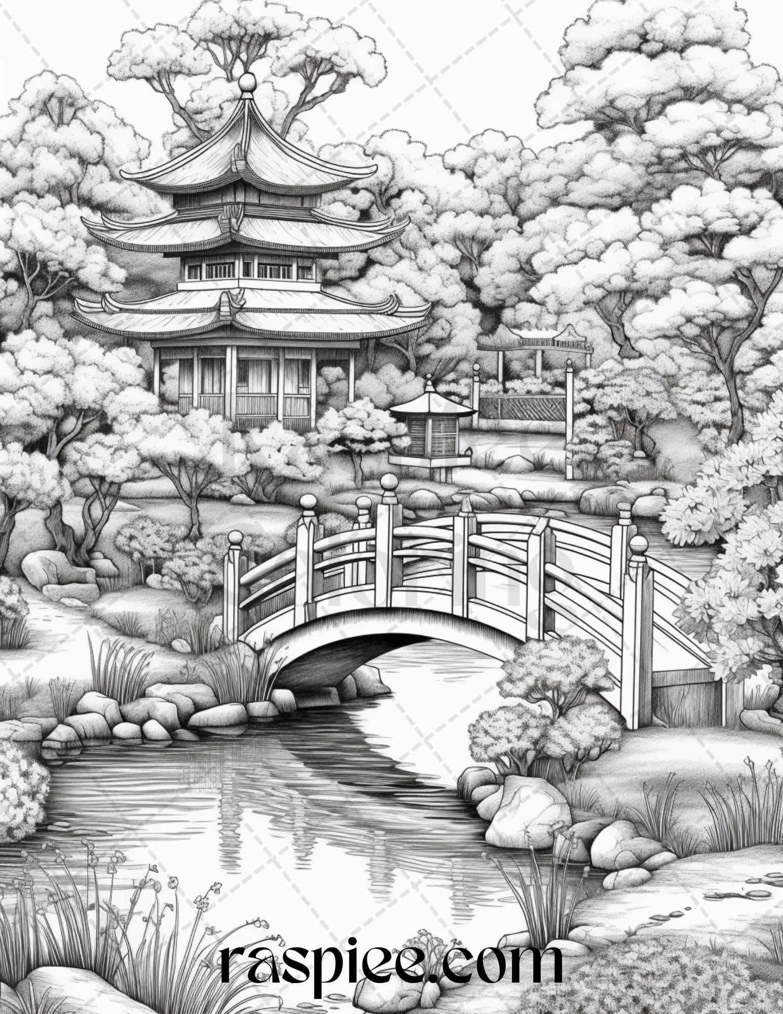 Japanese Garden Grayscale Coloring Pages Printable for Adults, PDF File Instant Download