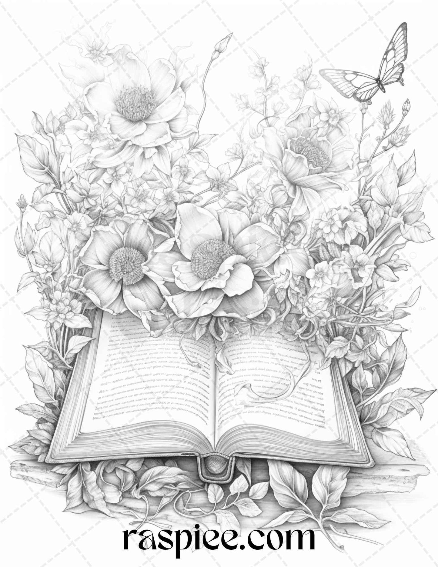 50 Magical Books Grayscale Coloring Pages Printable for Adults, PDF File Instant Download