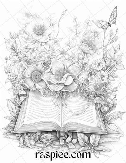 50 Magical Books Grayscale Coloring Pages Printable for Adults, PDF File Instant Download