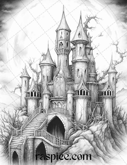 50 Haunted Castles Grayscale Coloring Pages Printable, Halloween Coloring Book, PDF File Instant Download