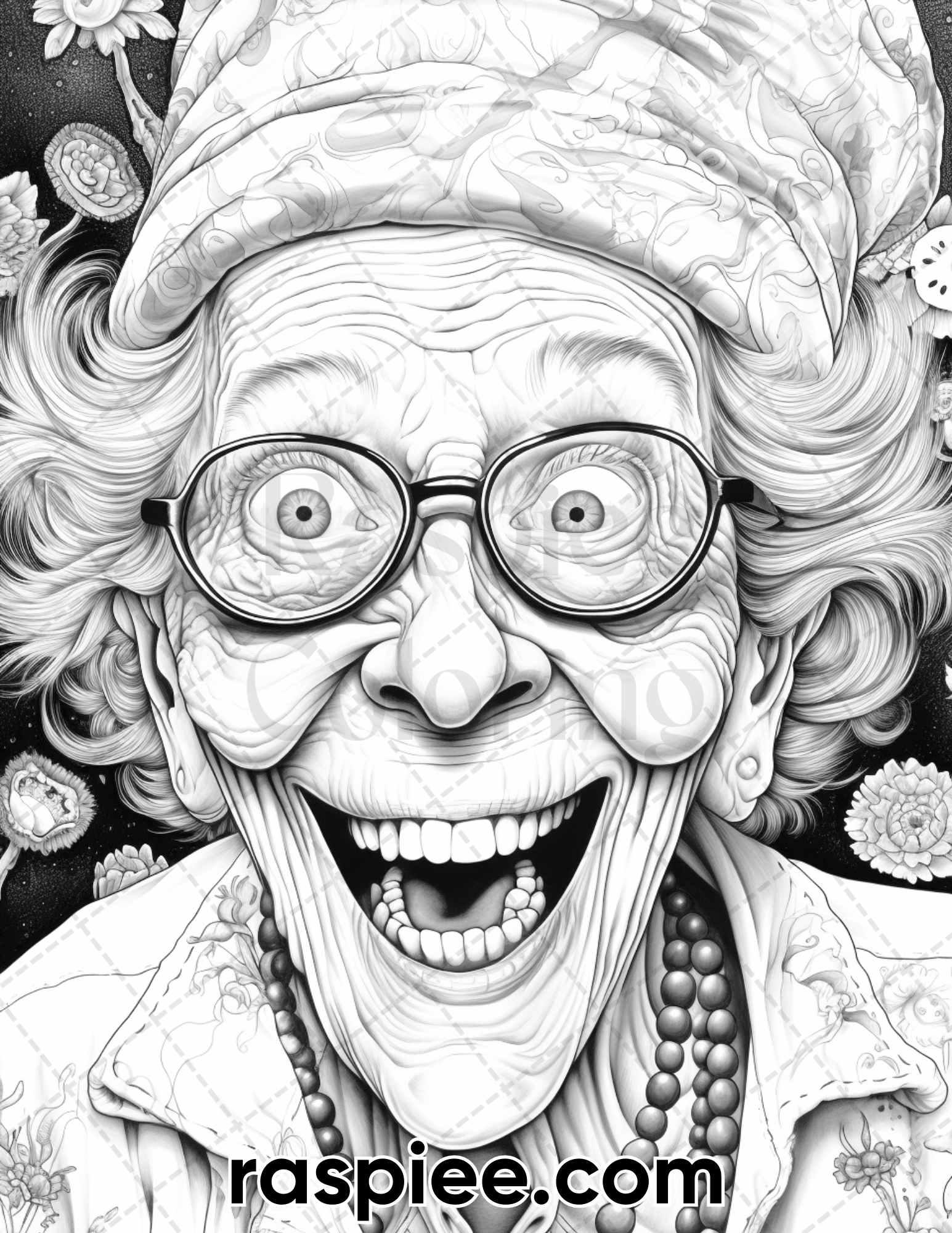 50 Funny Grandma Grayscale Coloring Pages for Adults, Printable PDF Instant Download