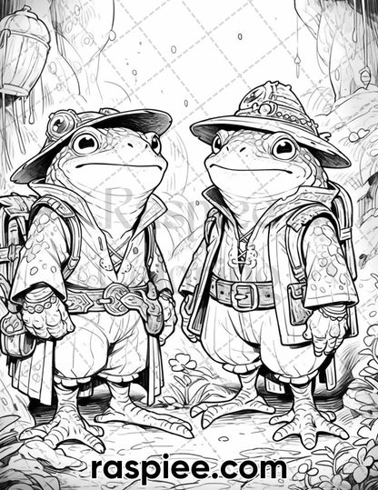 50 The Frog Kingdom Grayscale Coloring Pages for Adults, Printable PDF Instant Download
