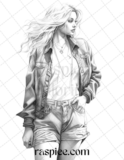50 Streetwear Fashion Grayscale Coloring Pages Printable for Adults, PDF File Instant Download