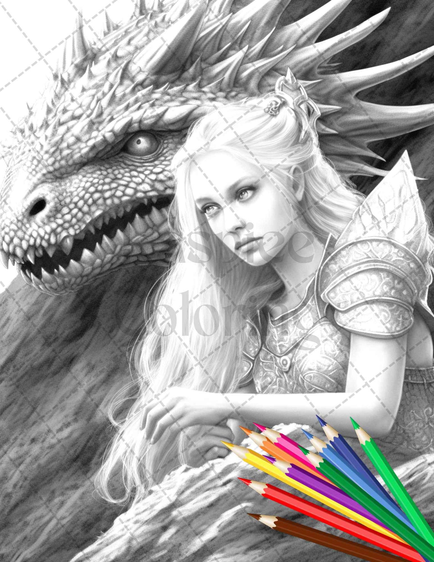 Enchanted Dragon Queens Grayscale Coloring Pages Printable for Adults, PDF File Instant Download