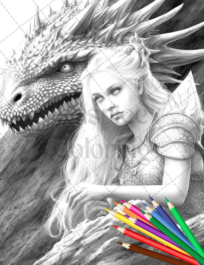 Enchanted Dragon Queens Grayscale Coloring Pages Printable for Adults, PDF File Instant Download