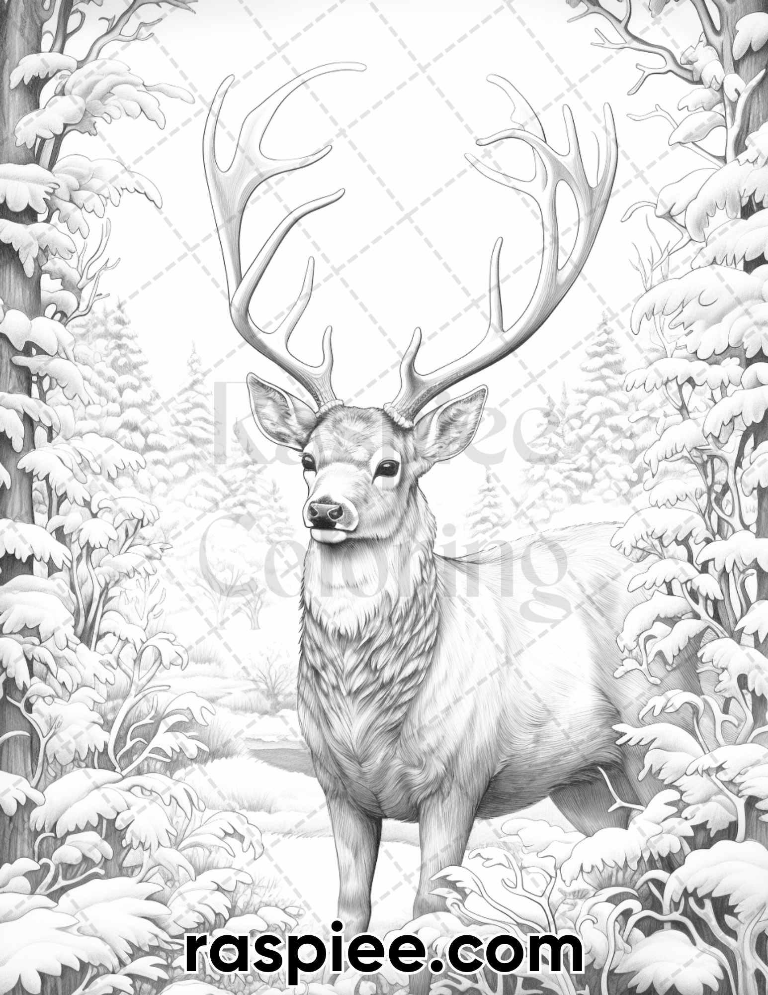 50 Christmas Deer Grayscale Coloring Pages for Adults, Printable PDF Instant Download